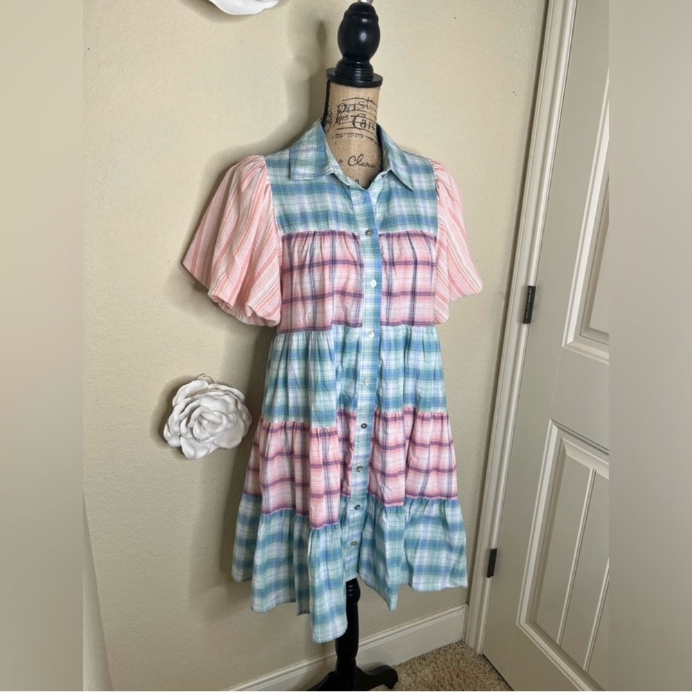 NTM: Entro Bubble Sleeve Blue, Green, Pink & White Plaid Lined Mini Dress Sz L - Picture 6 of 14